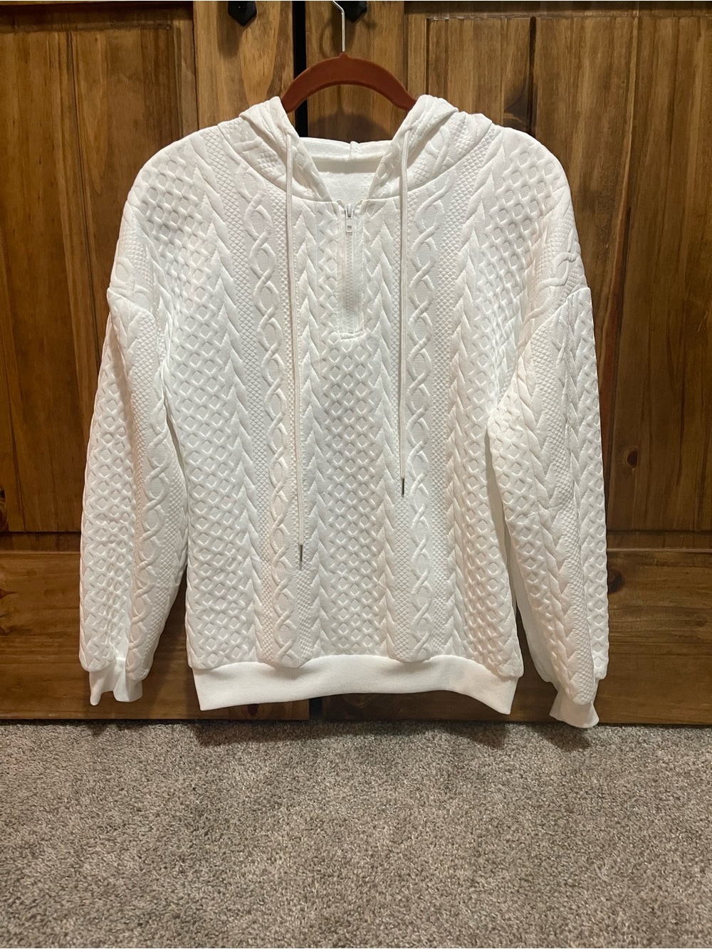 SHEIN White Cable Knit Half-Zip Hooded Sweatshirt